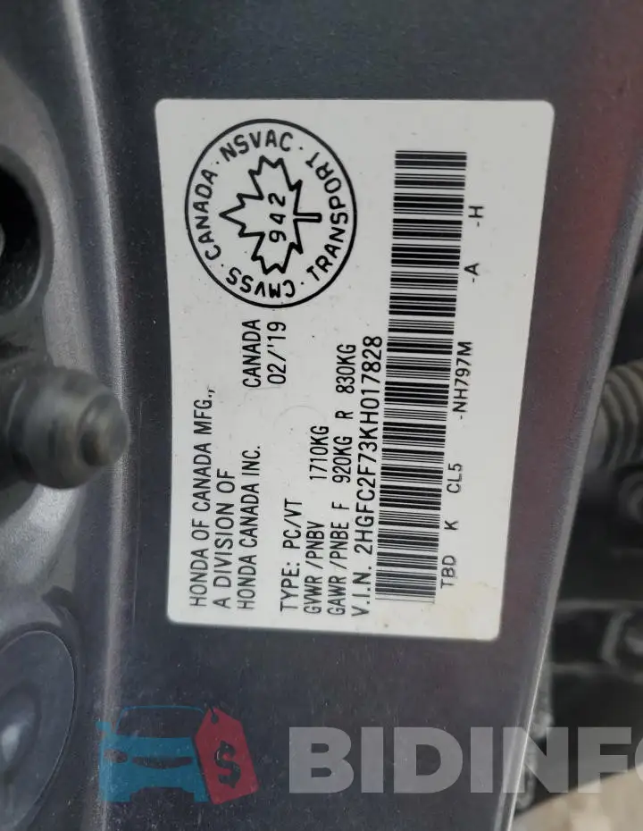 2HGFC2F73KH017828 Photo# 12