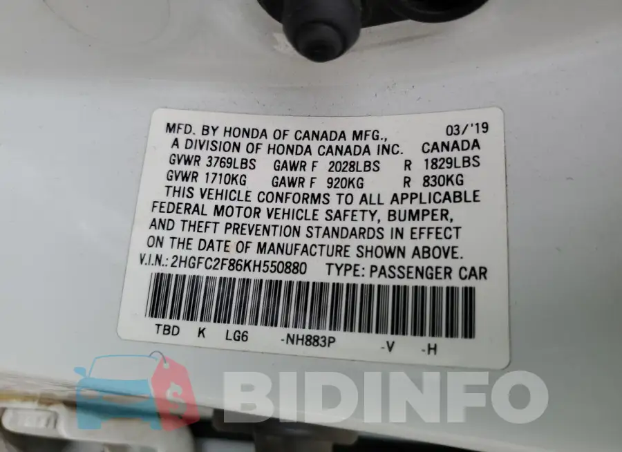 2HGFC2F86KH550880 Photo# 12