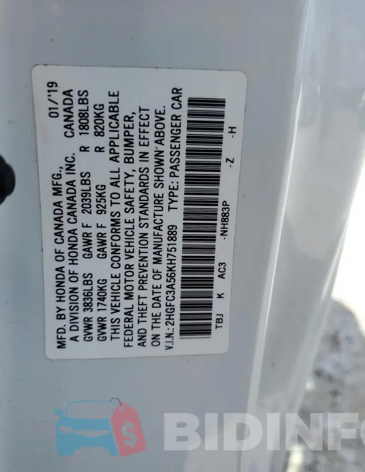 2HGFC3A56KH751889 Photo# 13