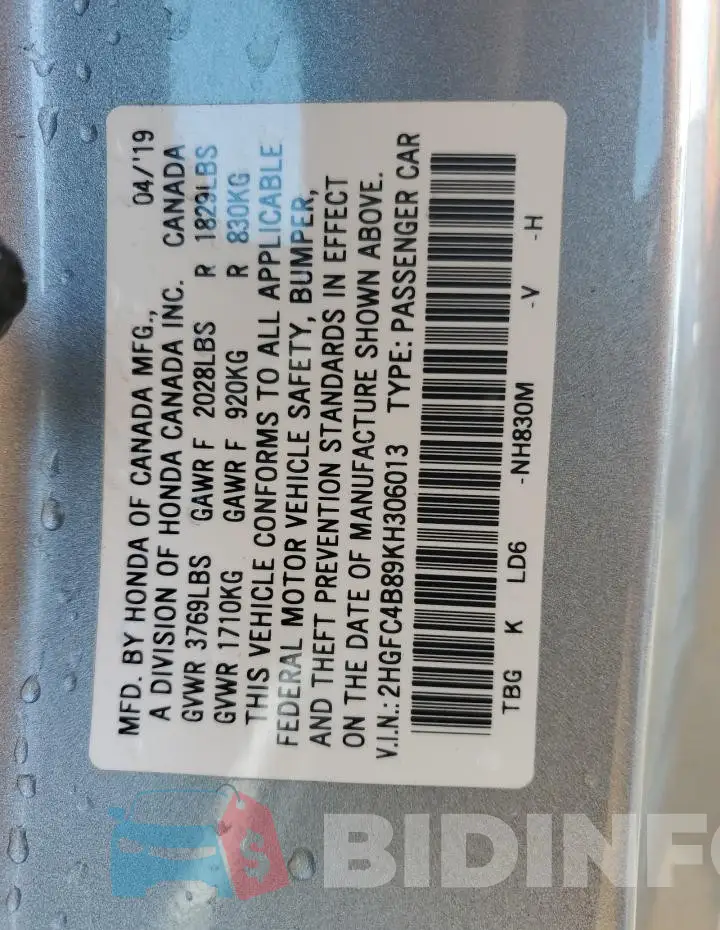 2HGFC4B89KH306013 Photo# 12