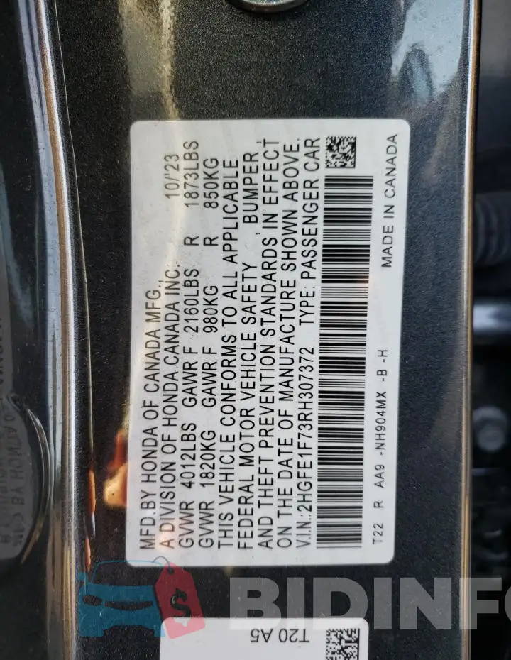 2HGFE1F73RH307372 Photo# 12