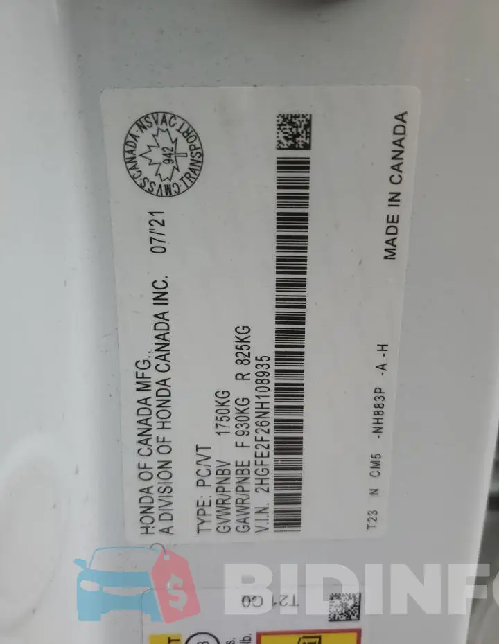 2HGFE2F26NH108935 Photo# 12