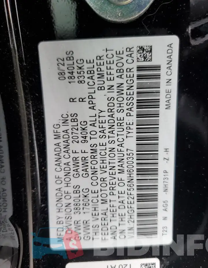 2HGFE2F56NH600357 Photo# 12