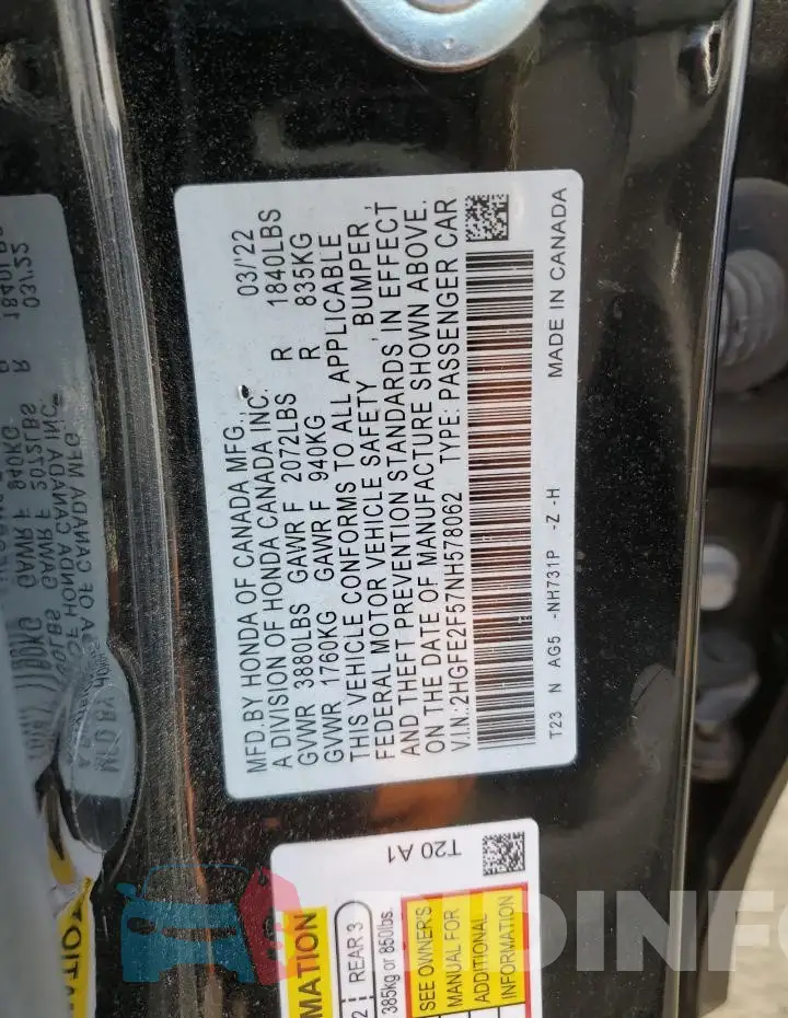 2HGFE2F57NH578062 Photo# 12