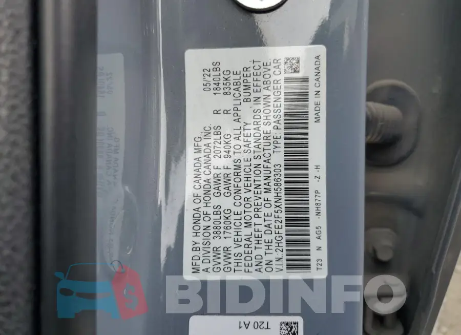 2HGFE2F5XNH586303 Photo# 12