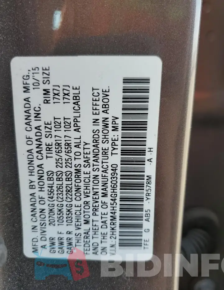 2HKRM4H54GH603940 Photo# 13