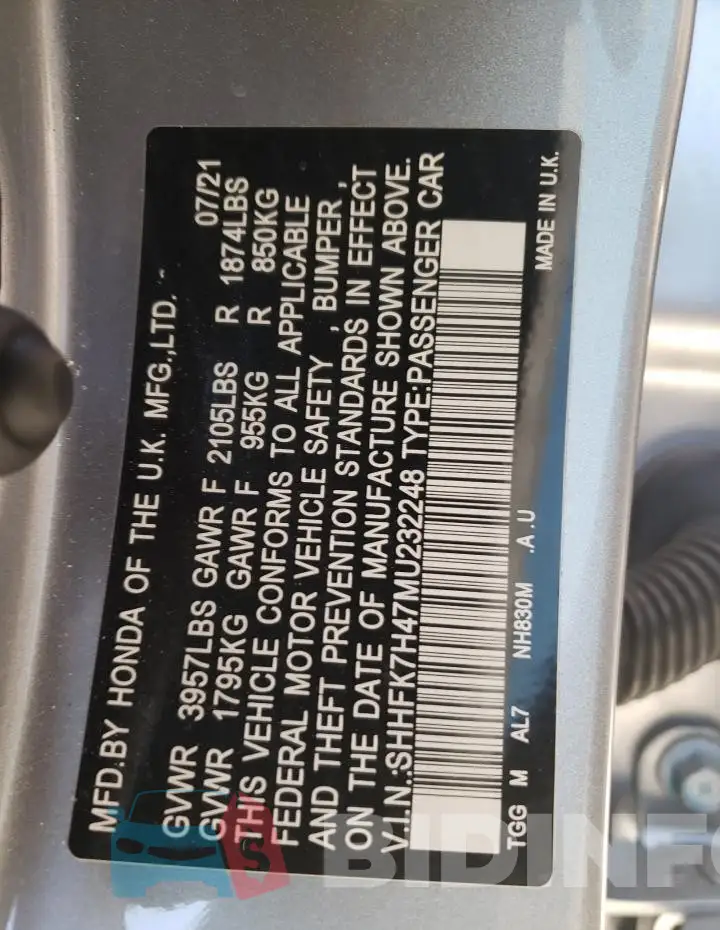 SHHFK7H47MU232248 Photo# 13