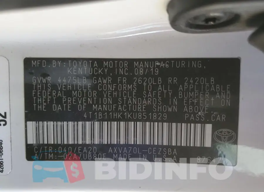 4T1B11HK1KU851829 Photo# 12