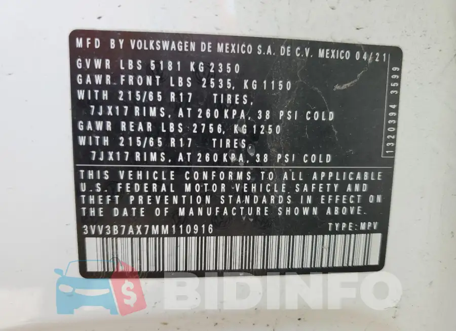 3VV3B7AX7MM110916 Photo# 13
