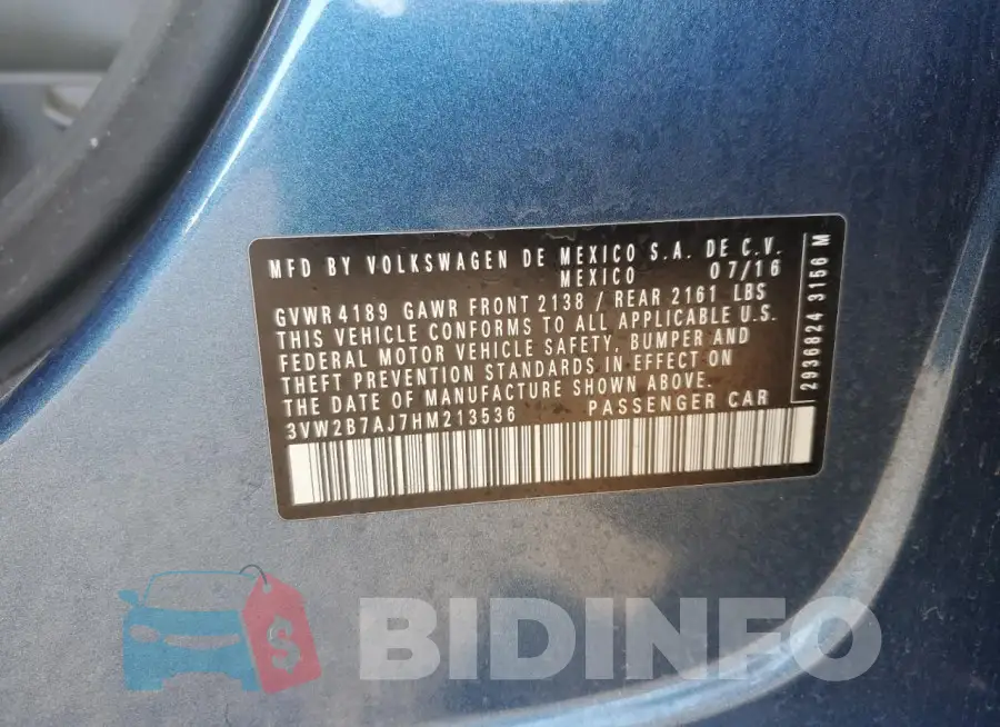 3VW2B7AJ7HM213536 Photo# 12