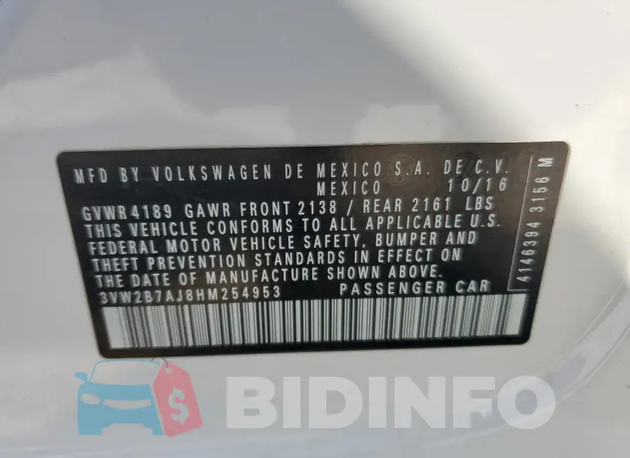 3VW2B7AJ8HM254953 Photo# 12