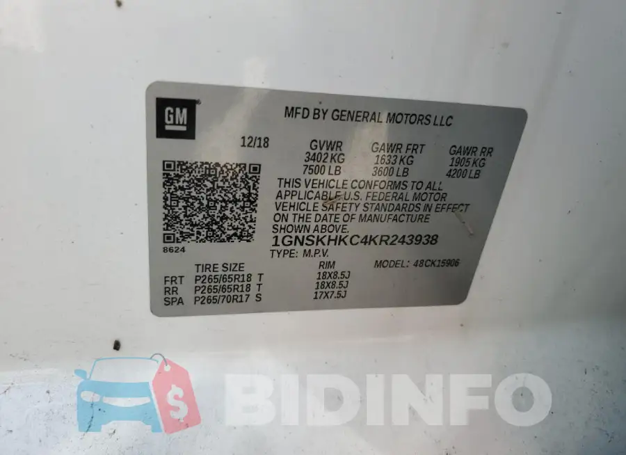 1GNSKHKC4KR243938 Photo# 13