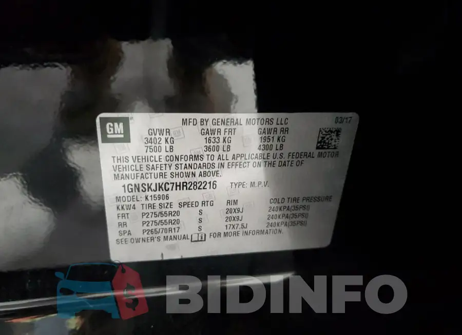 1GNSKJKC7HR282216 Photo# 13