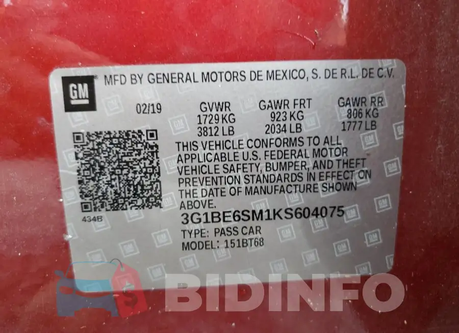 3G1BE6SM1KS604075 Photo# 13