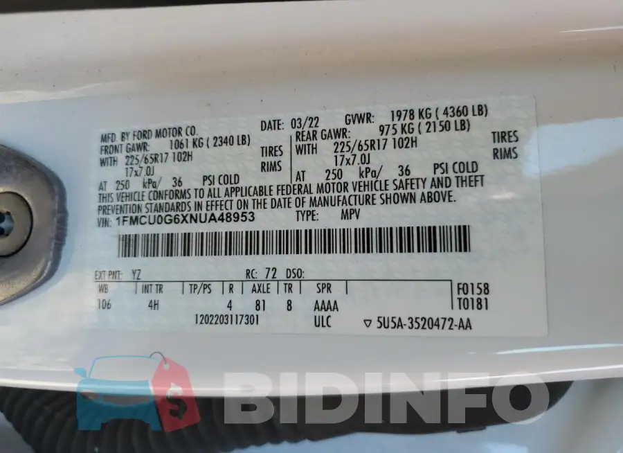 1FMCU0G6XNUA48953 Photo# 13