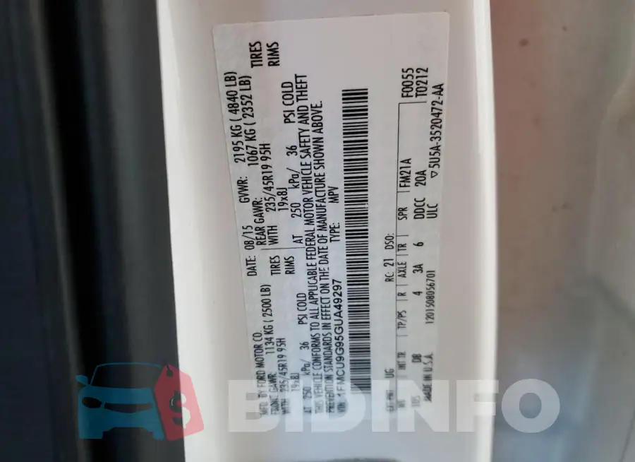 1FMCU9G95GUA49297 Photo# 13