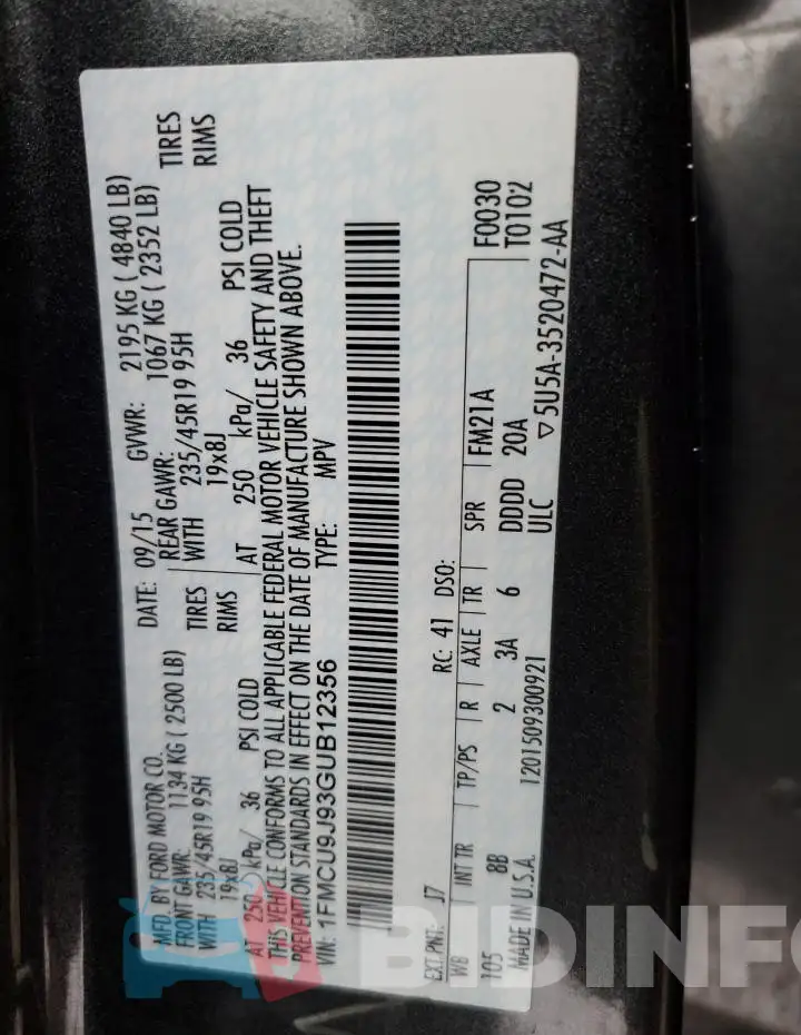 1FMCU9J93GUB12356 Photo# 12