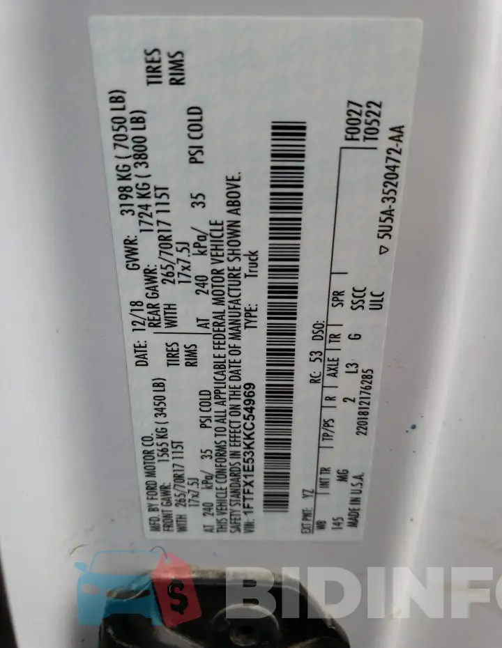 1FTFX1E53KKC54969 Photo# 12