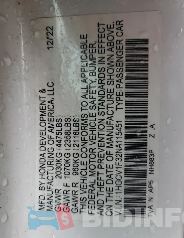 1HGCV1F32NA115451 Photo# 12