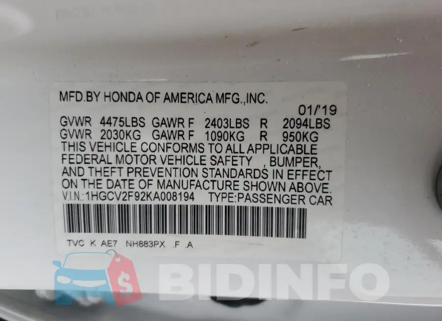 1HGCV2F92KA008194 Photo# 13
