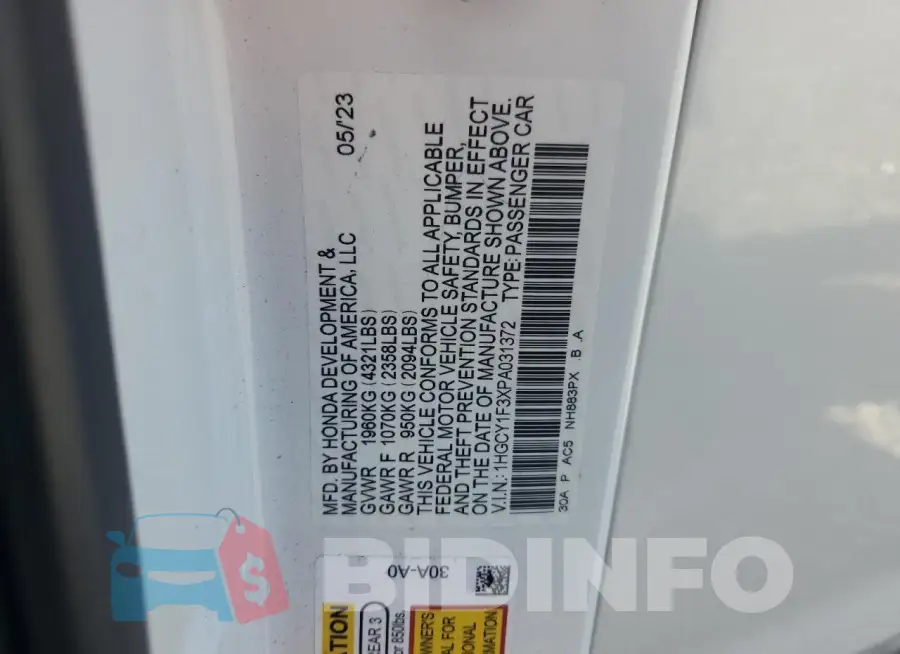 1HGCY1F3XPA031372 Photo# 13