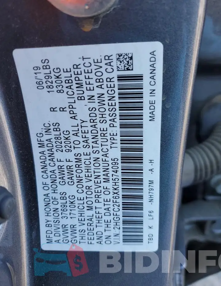 2HGFC2F6XKH574095 Photo# 12