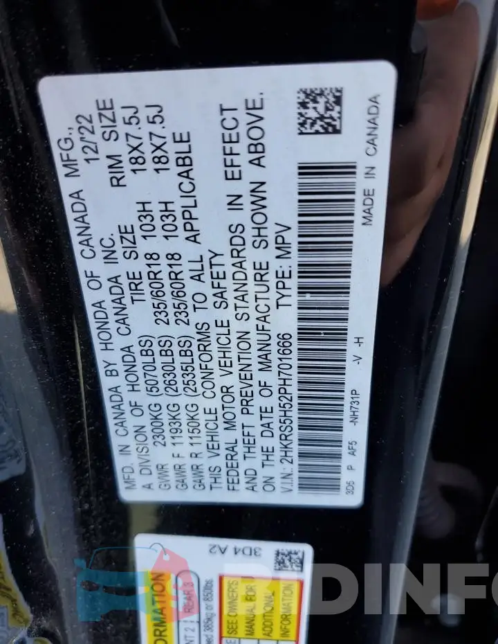 2HKRS5H52PH701666 Photo# 14