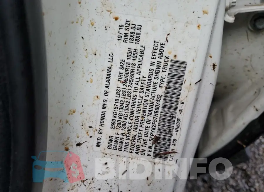 5FPYK2F57HB007432 Photo# 12