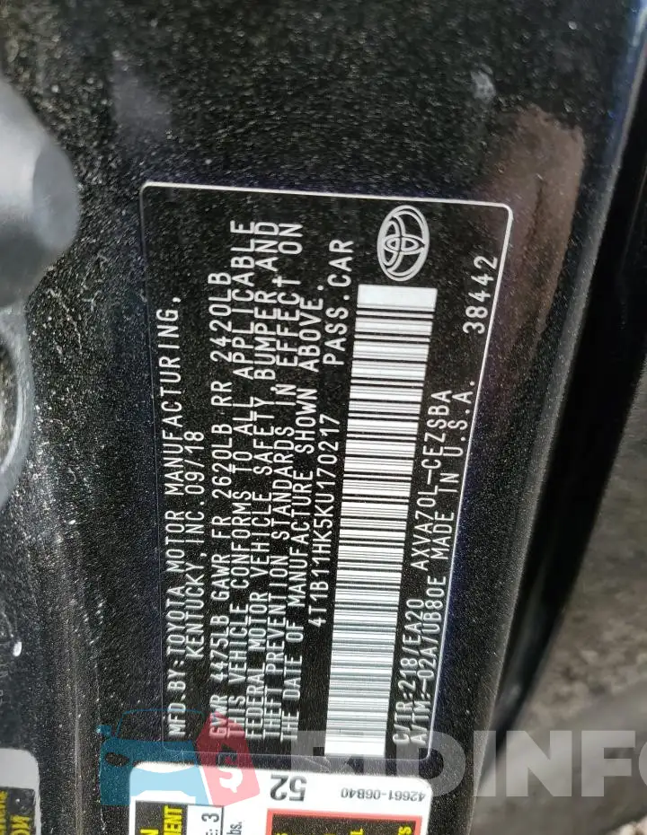 4T1B11HK5KU170217 Photo# 12