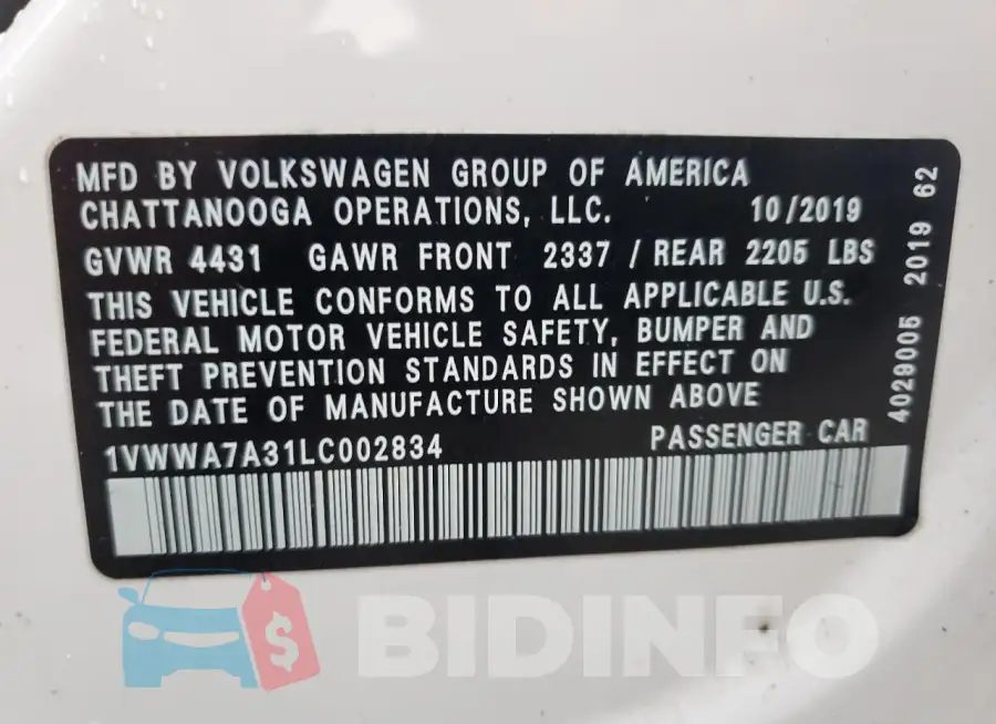 1VWWA7A31LC002834 Photo# 12