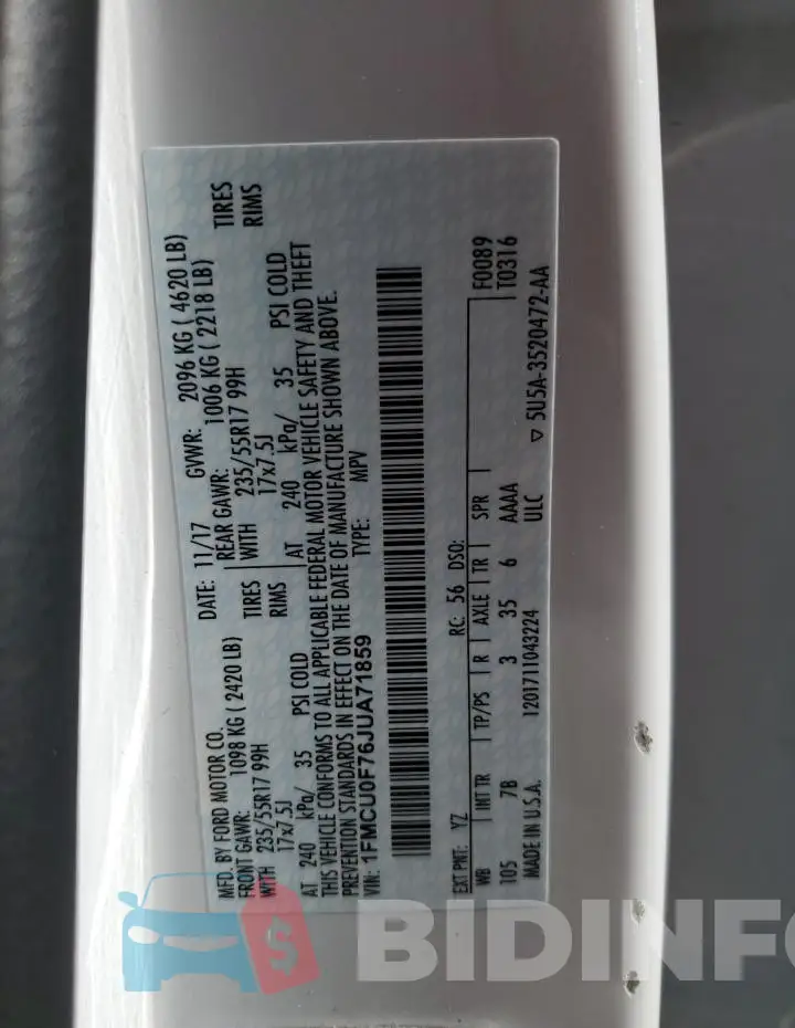 1FMCU0F76JUA71859 Photo# 13