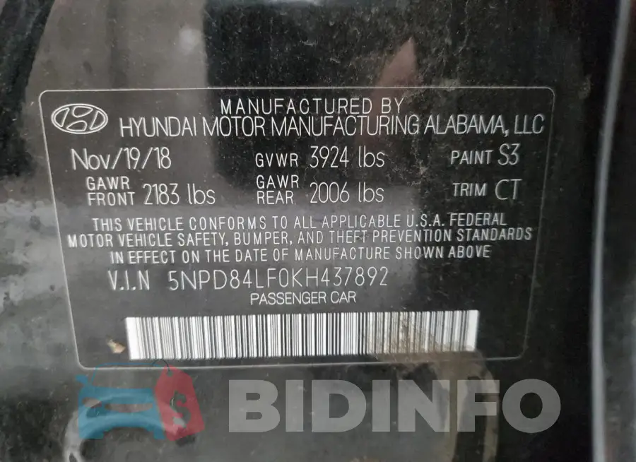 5NPD84LF0KH437892 Photo# 12
