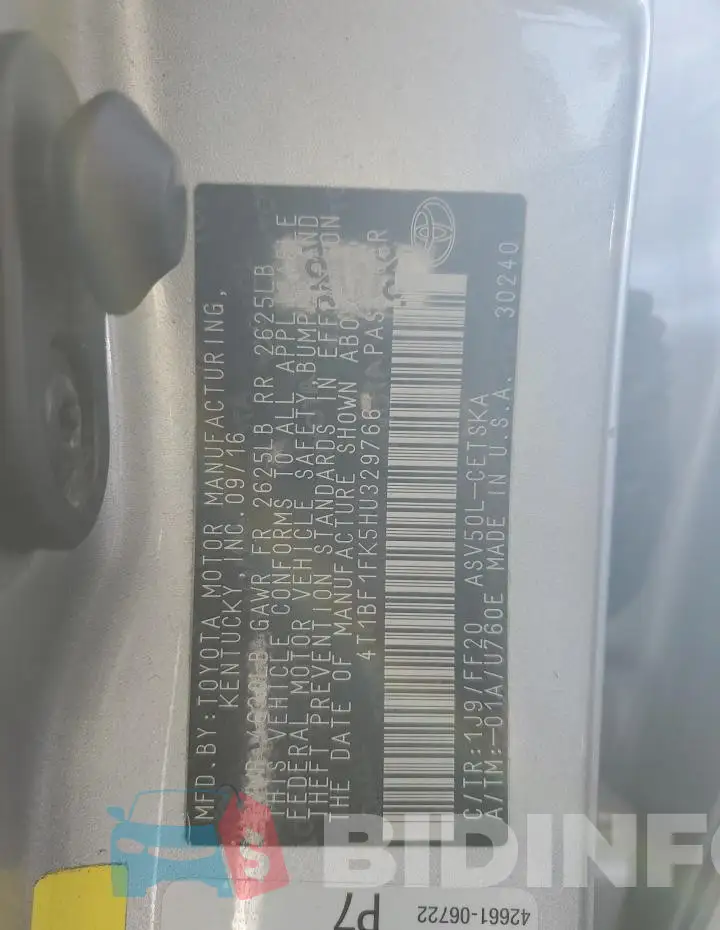 4T1BF1FK5HU329766 Photo# 12