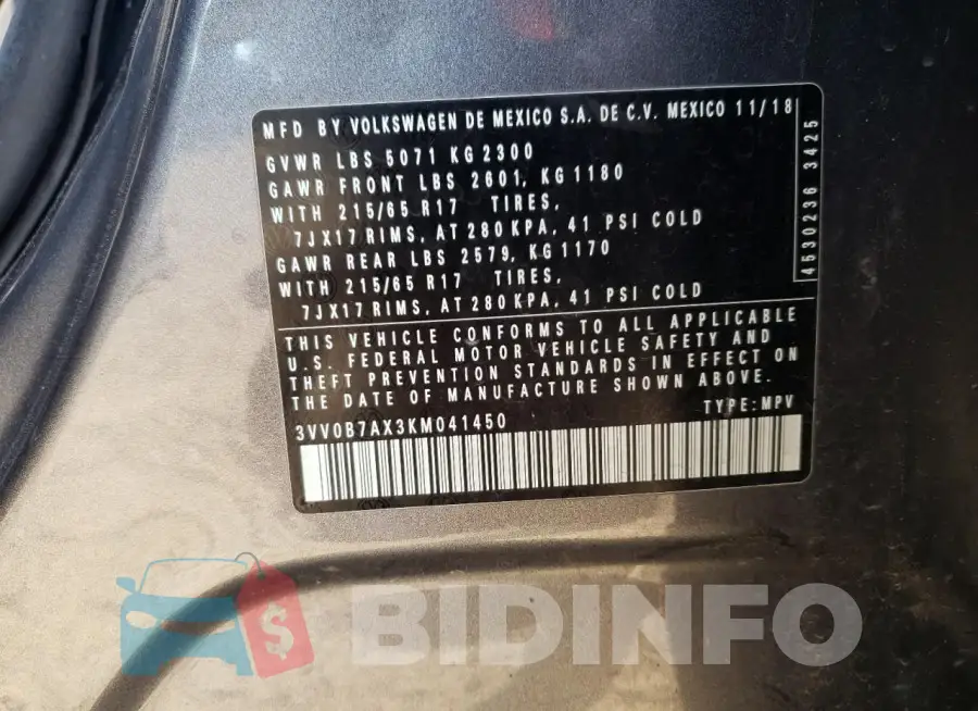 3VV0B7AX3KM041450 Photo# 13