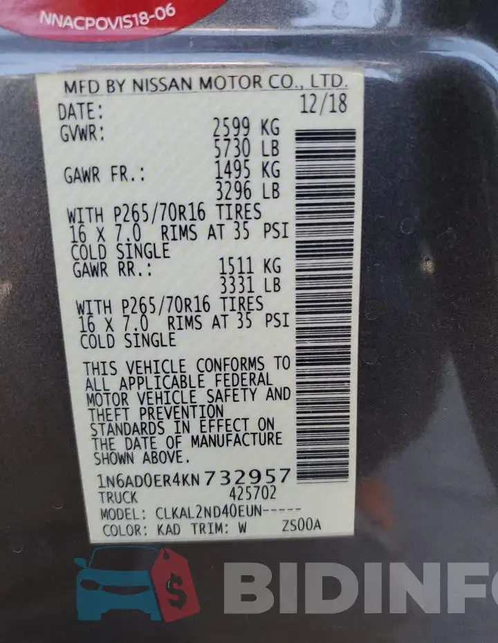 1N6AD0ER4KN732957 Photo# 12