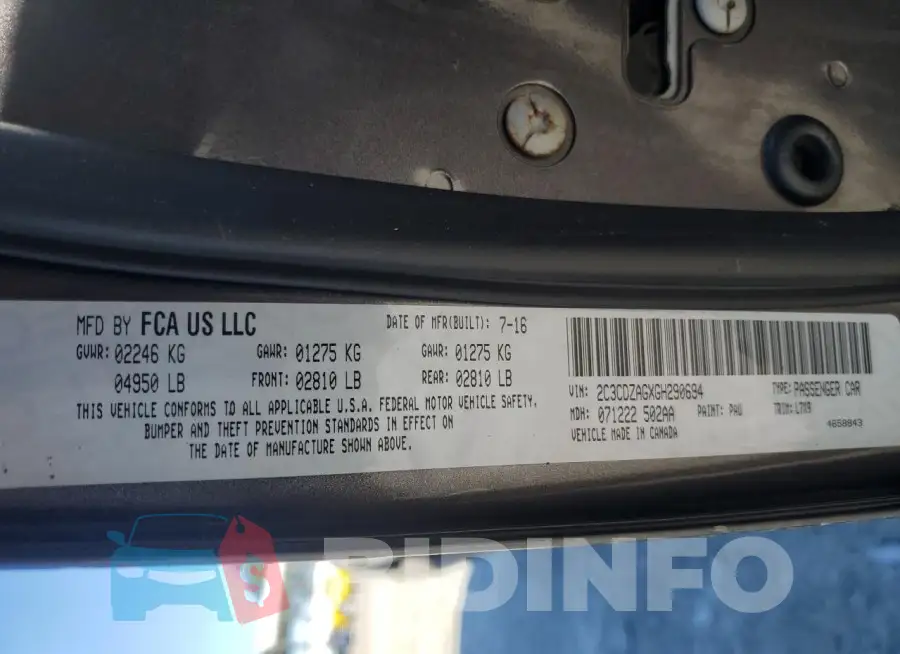 2C3CDZAGXGH290694 Photo# 12