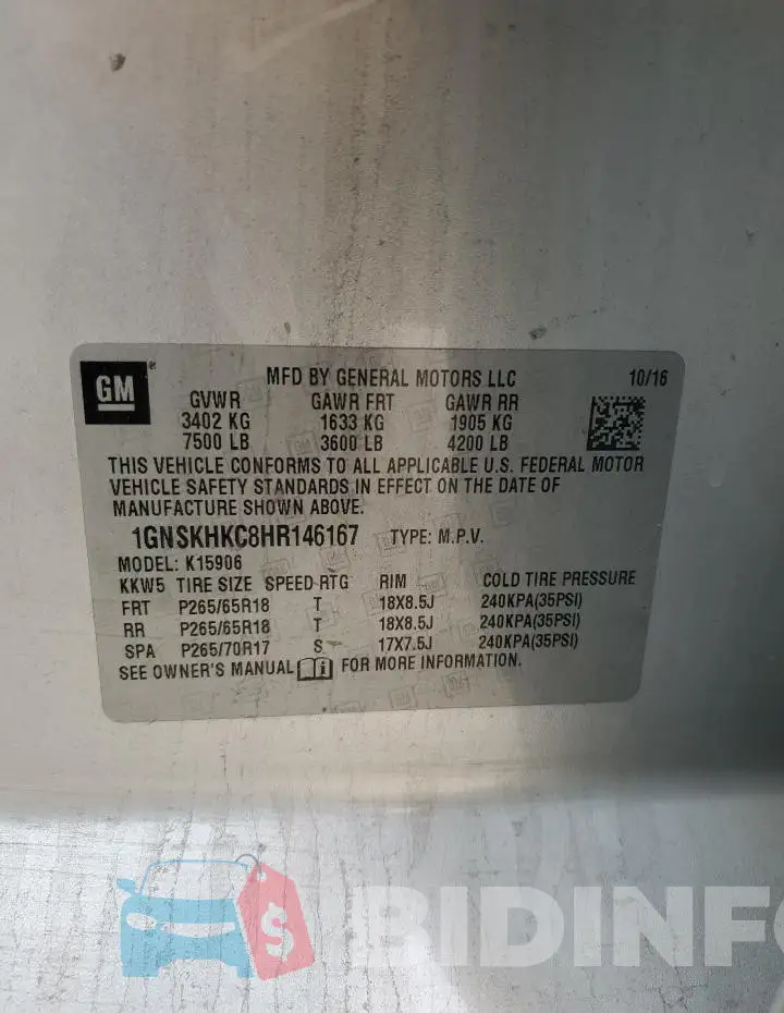 1GNSKHKC8HR146167 Photo# 14