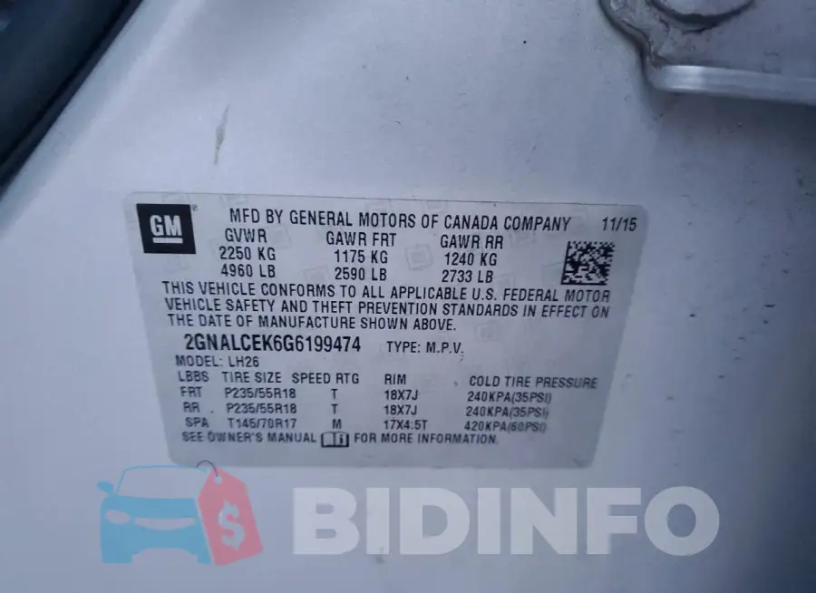 2GNALCEK6G6199474 Photo# 13
