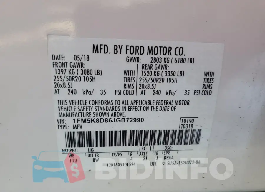 1FM5K8D86JGB72990 Photo# 13