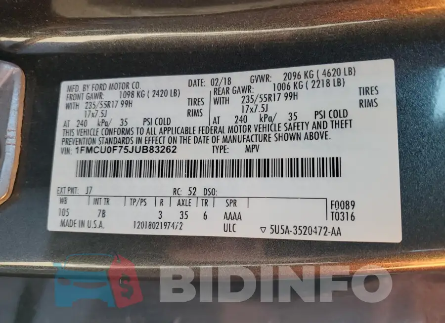 1FMCU0F75JUB83262 Photo# 13