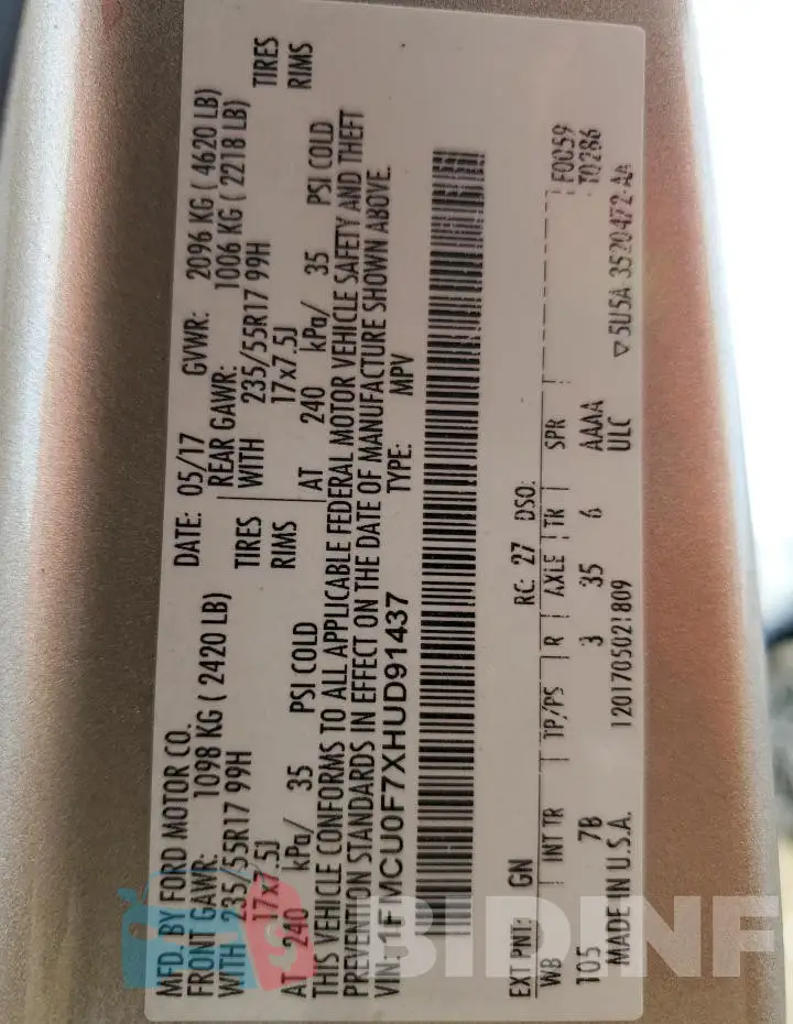 1FMCU0F7XHUD91437 Photo# 14