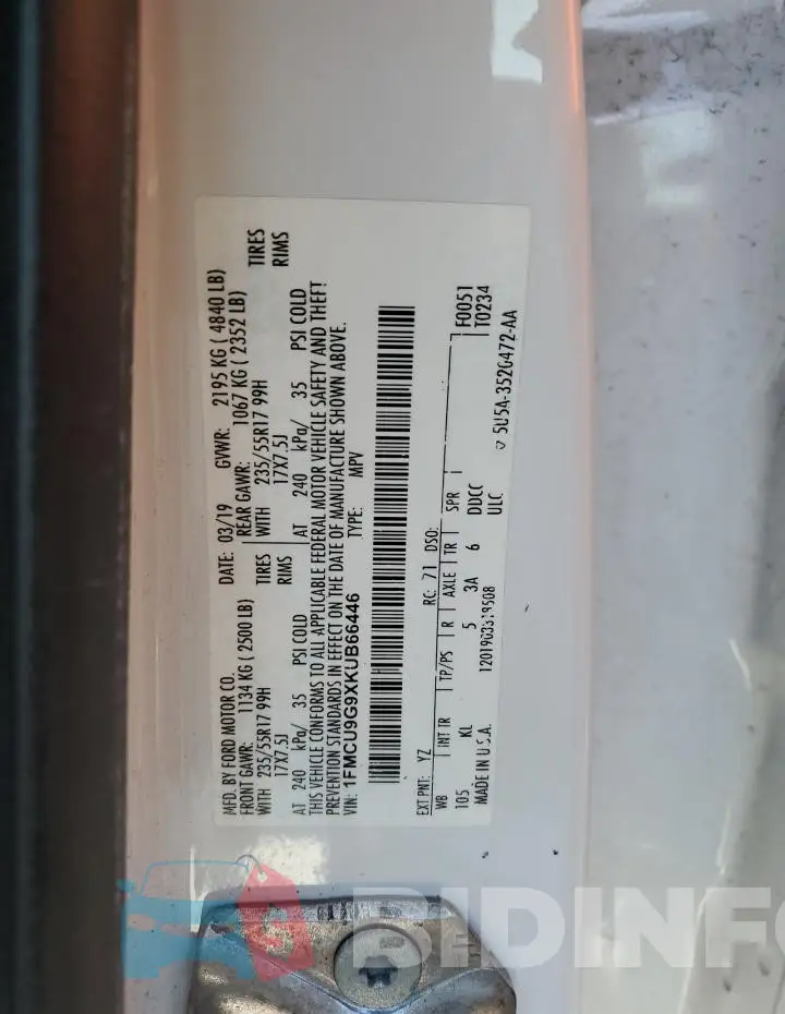 1FMCU9G9XKUB66446 Photo# 12
