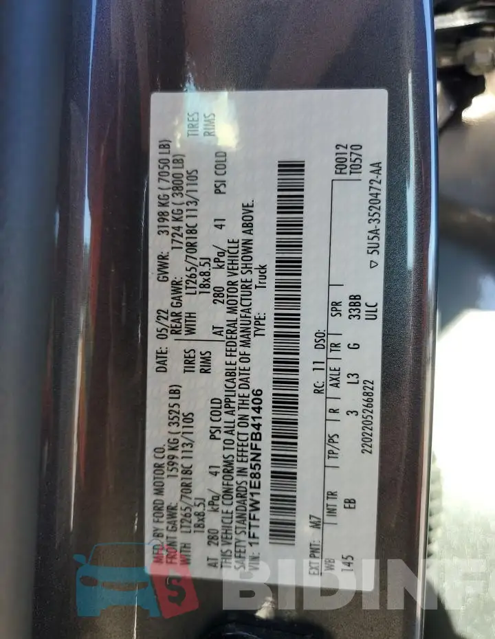 1FTFW1E85NFB41406 Photo# 12