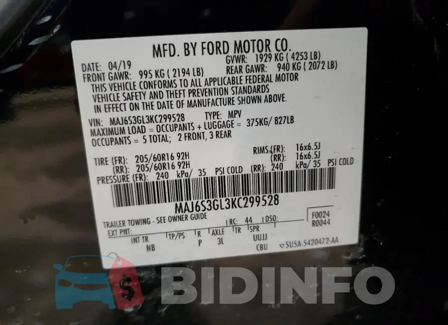 MAJ6S3GL3KC299528 Photo# 13
