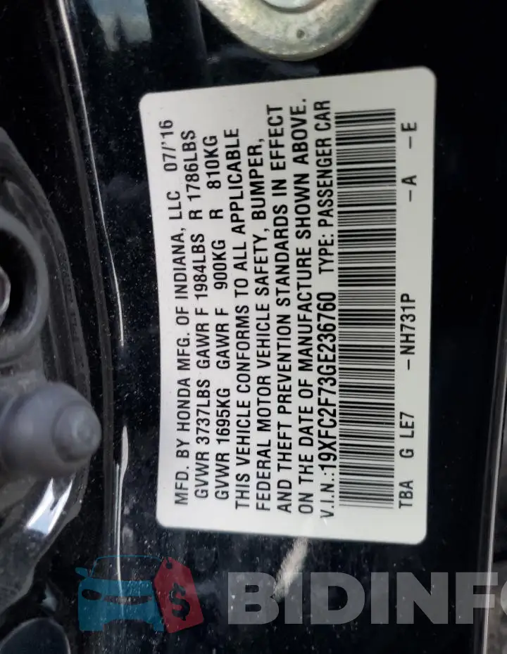19XFC2F73GE236760 Photo# 12