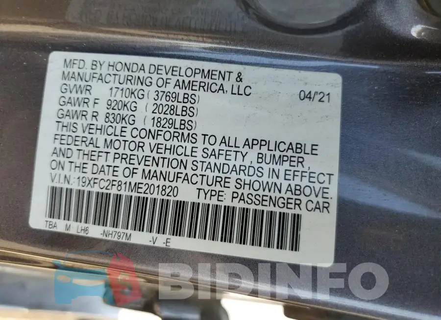 19XFC2F81ME201820 Photo# 12