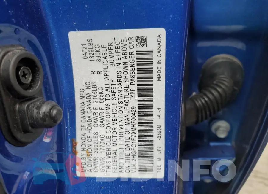 2HGFC1F79MH706429 Photo# 12