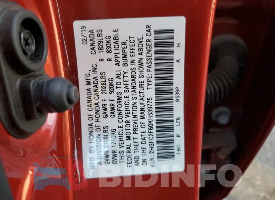 2HGFC2F60KH539775 Photo# 13