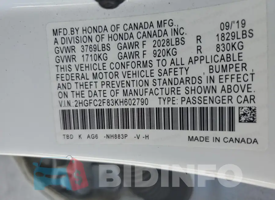 2HGFC2F83KH602790 Photo# 12