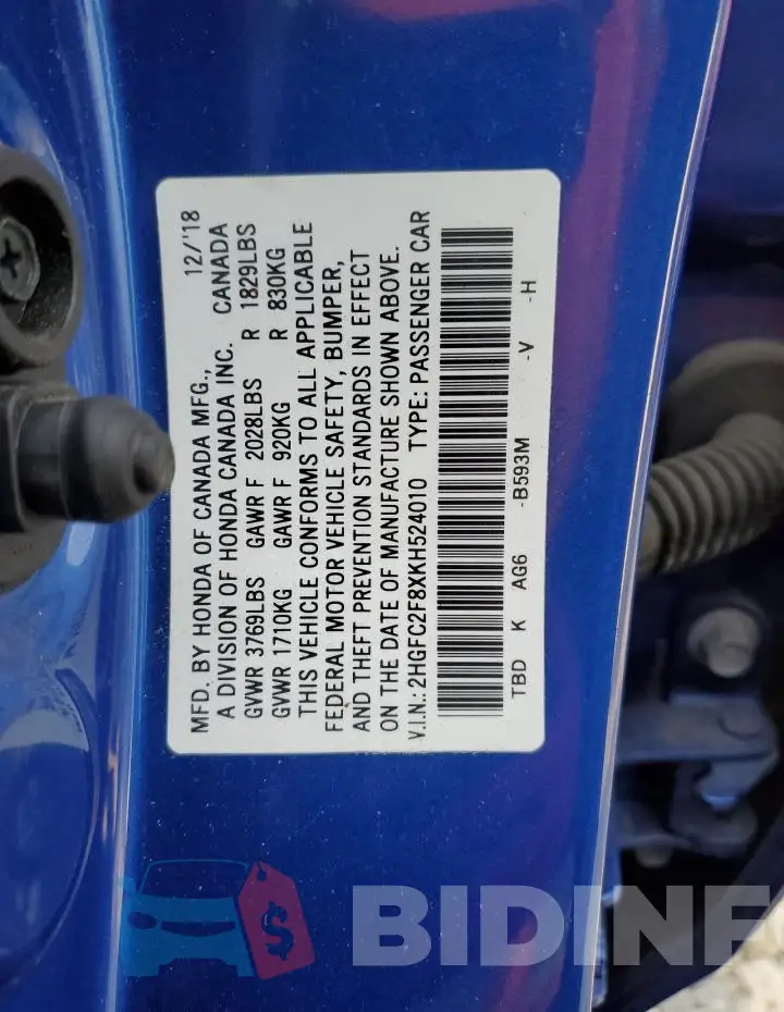 2HGFC2F8XKH524010 Photo# 13